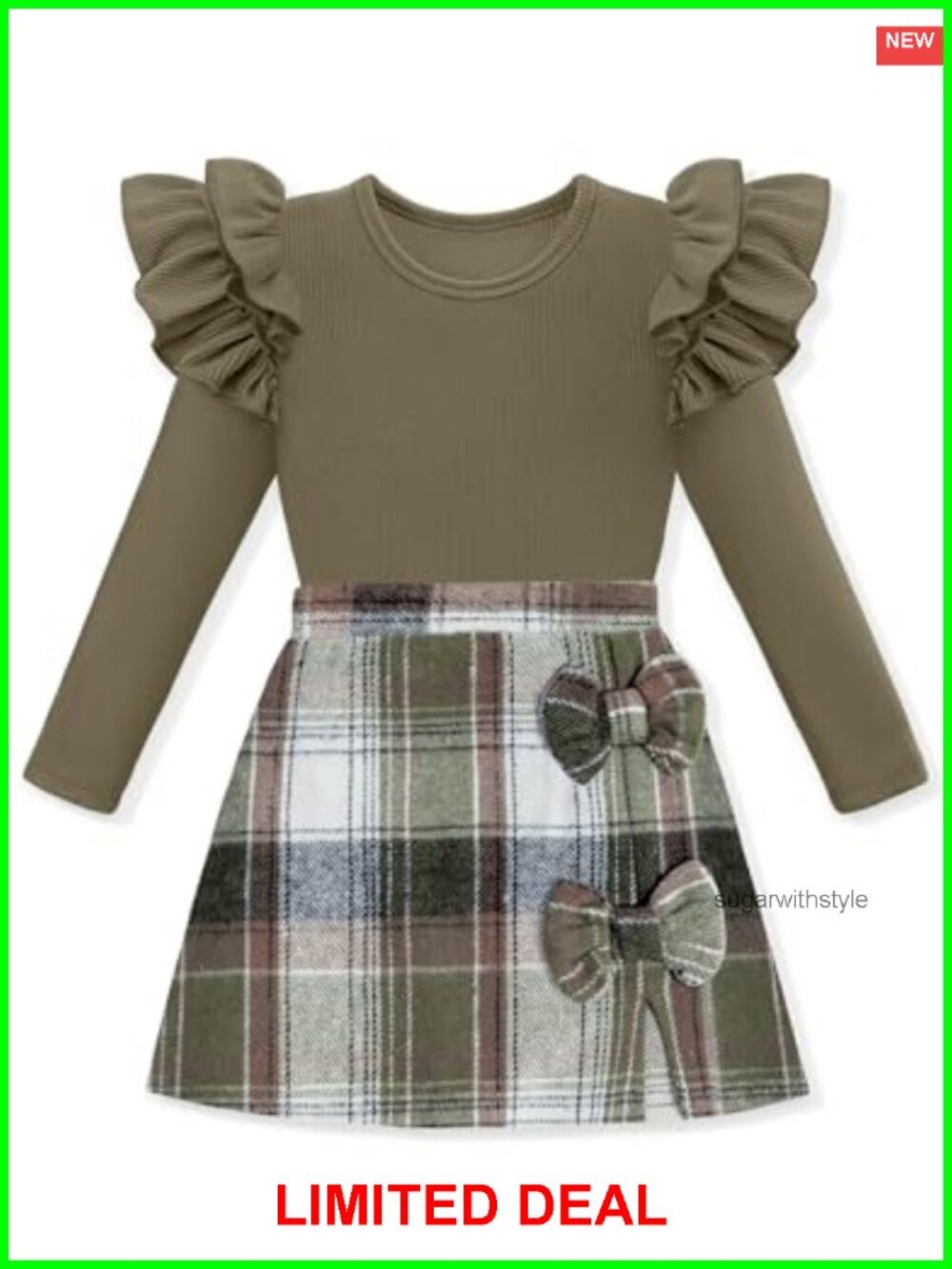 Girls Long Sleeve Ruffle Top & Plaid Skirt Set 2-Piece Outfit